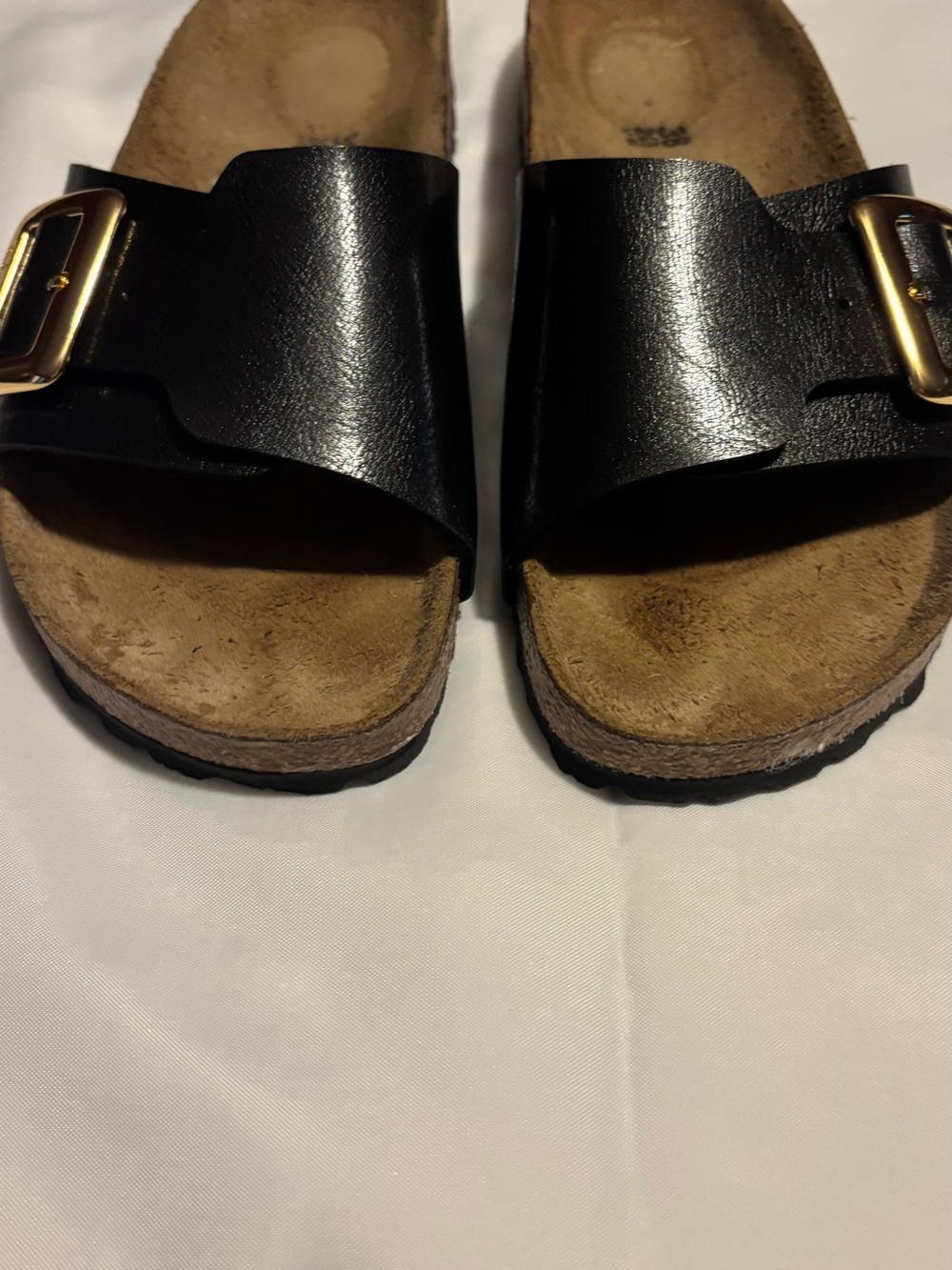 Birkenstock Black Slide Sandals with Gold Buckles